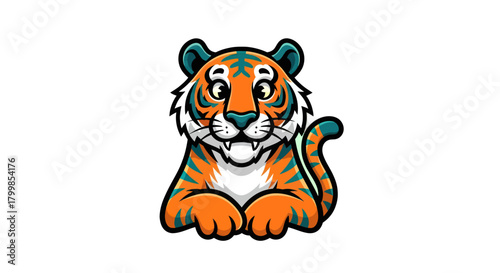 Cartoon Tiger with Orange Stripes and Green Eyes Staring Forward.
