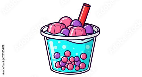 Colorful Bubble Tea with Jellies and Straw Illustration.