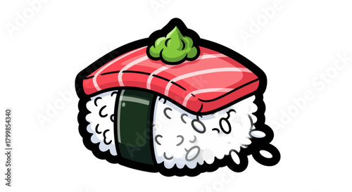 Cartoon Sushi Nigiri with Tuna and Wasabi Topping Illustration.