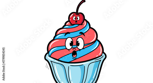 Cartoon ice cream sundae with cherry on top and surprised expression.