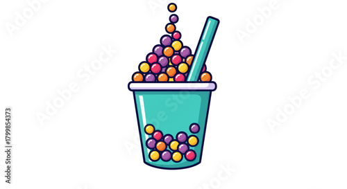 Colorful Bubble Tea Illustration with Overflowing Tapioca Pearls.