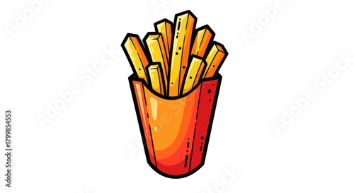 Cartoon illustration of golden french fries in a red box.