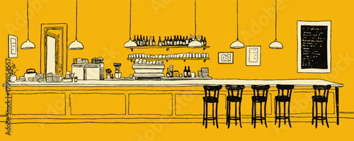 A yellow bar with a chalkboard on the wall. The bar has a counter with a few chairs and a few bottles