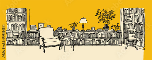 A room with a chair and a lamp. The room is filled with bookshelves and a large bookcase