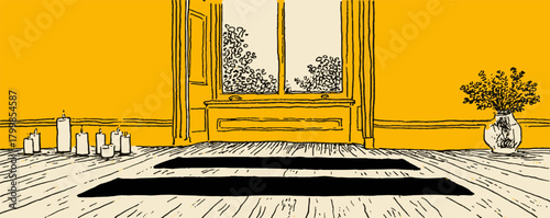 A room with a window and a vase of flowers. The room is empty and the vase is the only object in the room