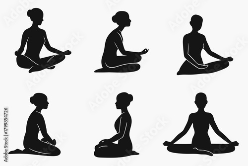 set of Meditation pose silhouette vector illustration isolated on white background