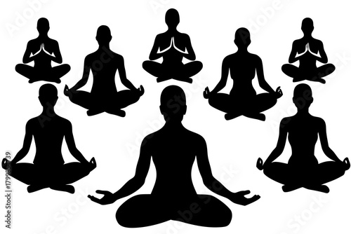 Meditation pose silhouette pack isolated on white background