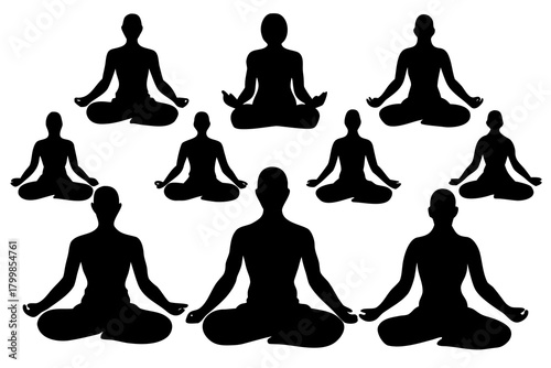 set of Meditation pose silhouette isolated on white background
