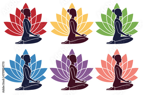 Meditation pose silhouette vector pack isolated on white background
