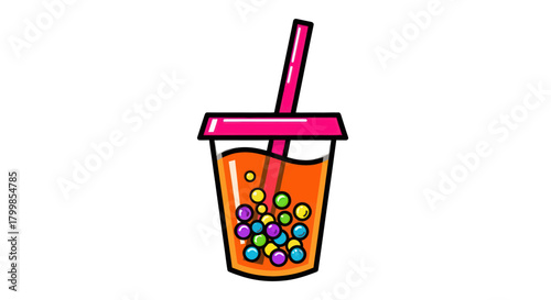Colorful Boba Tea Illustration with Straw and Tapioca Pearls.