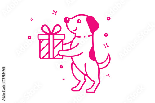 Line art shows pink dog holding a wrapped gift standing on its hind legs