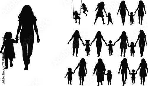 Mother and child silhouettes, woman walking, holding hands, swinging, bonding, parenting, love, care, black, vector, isolated, emotional, family, relationship, nurturing, white background, 