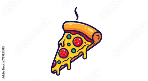 Cartoon Pizza Slice with Pepperoni and Green Peppers.