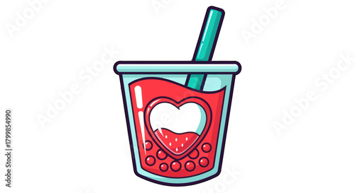 Charming Boba Tea Illustration with Heart Detail and Straw.