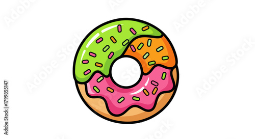 Colorful Cartoon Donut with Sprinkles Isolated on White Background.