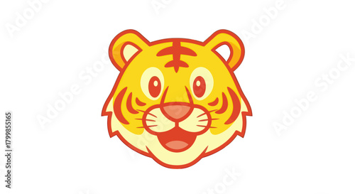 Cheerful tiger head illustration with vibrant colors and friendly expression.