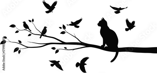 Cat silhouette on tree branch, birds flying vector, animal wildlife illustration, predator prey scene, nature artwork design, black and white graphic