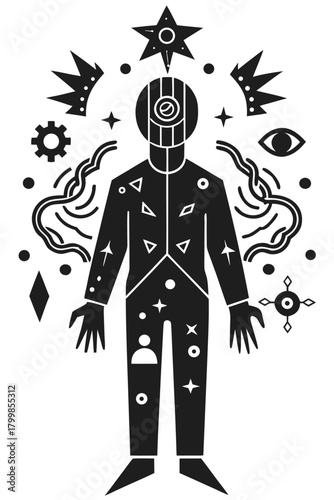 Geometric human form with abstract spiritual and cosmic elements