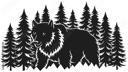 Stylized wild wolf silhouette in a mystical forest with stars