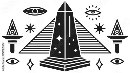 Esoteric pyramid with all-seeing eyes and mystic occult symbols