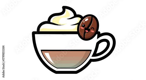Coffee Cup with Cream and Coffee Bean Illustration.