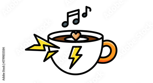 Coffee cup with lightning bolts and musical notes representing energy and creativity.