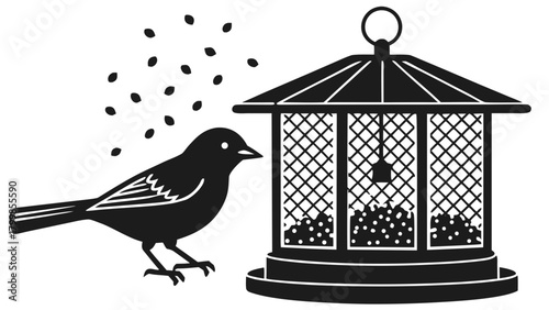 Bird and feeder illustration with seeds, simple silhouette style