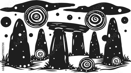Ancient megalithic stone landscape with swirling cosmic elements