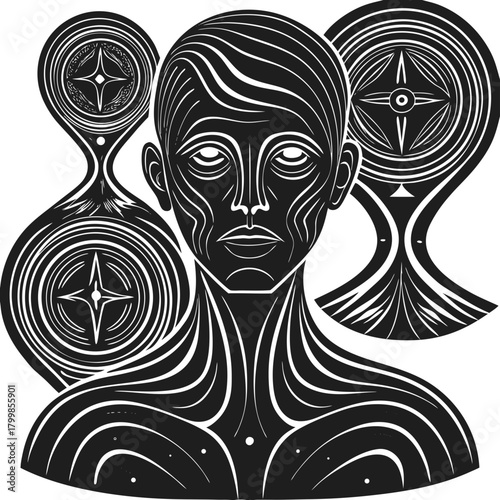 Abstract linear human figure with spiritual geometric patterns