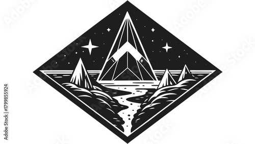 Geometric pyramid, river, stars, isolated in diamond shape emblem
