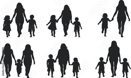 Mother walking with children, family silhouettes, parenting, love, care, bonding, black vector, clipart, isolated, nurturing, guardianship, companionship, affection, relationship,