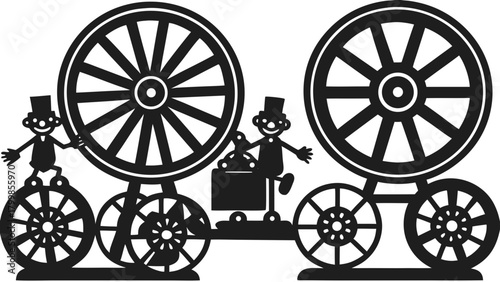 Whimsical mechanical design with playful figures and big wheels.