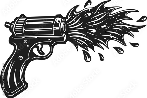Handgun firing dynamic liquid splash graphic design elements