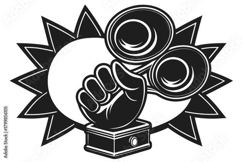 Fist grasping binoculars with starburst background, graphic vector