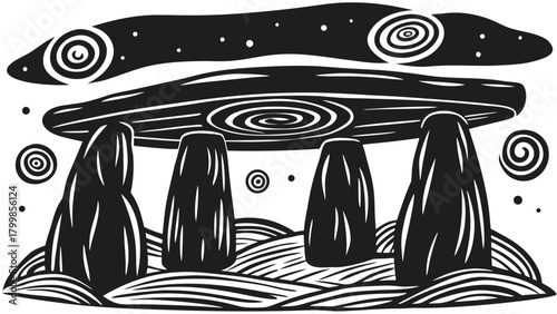 Ancient stone structure illustration, dolmen style, cosmic sky