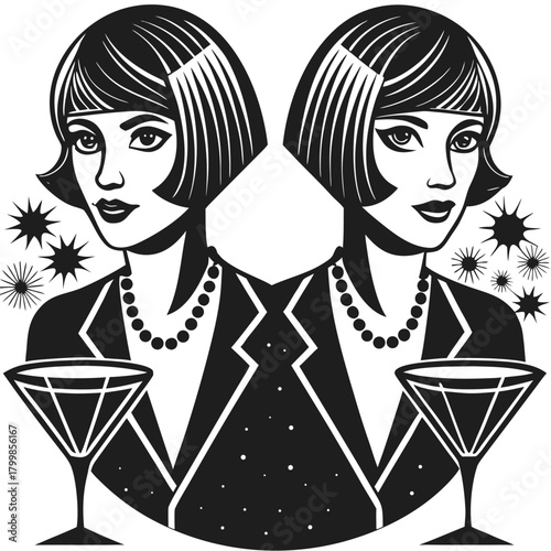 Retro graphic art deco women with martini glasses, celebration