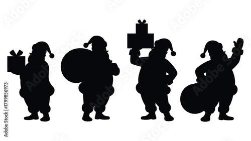 black silhouette santa claus icons in various festive poses with gifts and sacks, perfect for christmas holiday designs