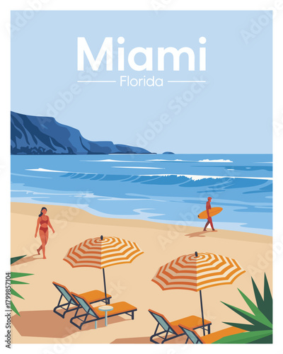 Beach travel poster of miami florida in summer, minimalist vector illustration featuring sunny coastline, palm trees, and ocean scenery, ideal for decorative wall prints.

