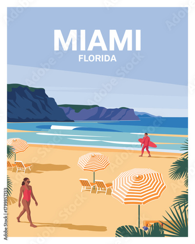 Beach miami florida summer poster with minimalist vector artwork, depicting coastline, palm trees, and ocean, suitable for stylish wall art and home interiors.