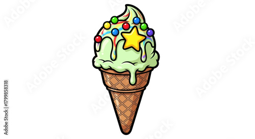 Cartoon ice cream cone with colorful sprinkles and a star.