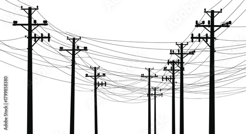 Utility poles with crisscrossing power lines silhouette vector, electricity distribution infrastructure illustration, energy system artwork, electrical grid concept, urban engineering design elements