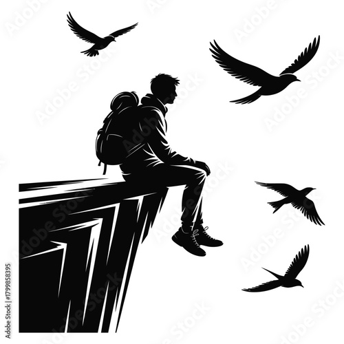 A lone hiker sits on the edge of a cliff, contemplating the vast expanse with birds isolated on white background