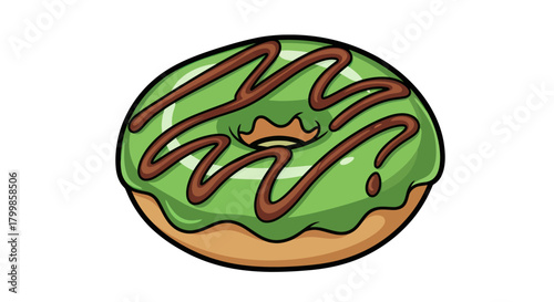 Cartoon donut with green matcha icing and chocolate drizzle.