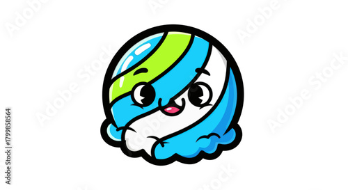 Cartoon Ice Cream Character with Blue and Green Swirls and Cute Face.