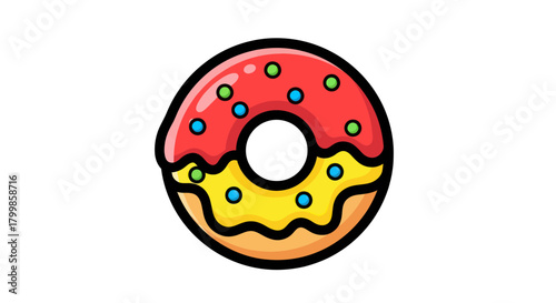 Cartoon Donut with Red Icing and Yellow Filling, Sprinkled with Blue and Green.