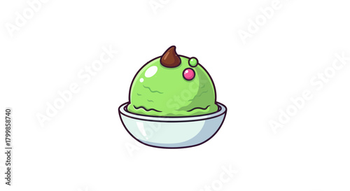 Cartoon Green Ice Cream Scoop with Chocolate Drizzle in Bowl.
