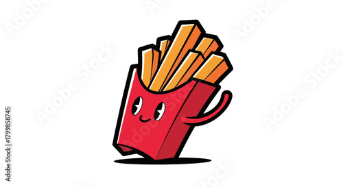 Cartoon french fries in a red box with a happy face and waving arm.