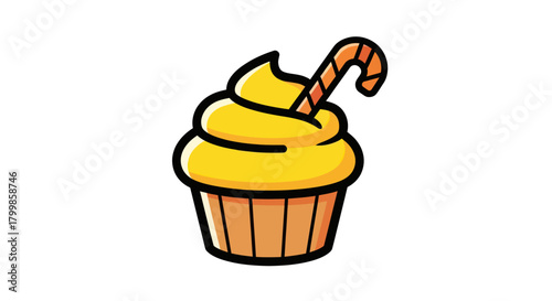 Cartoon Cupcake with Candy Cane Topping Illustration.