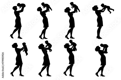 set of Mother with baby silhouette vector illustration isolated on white background