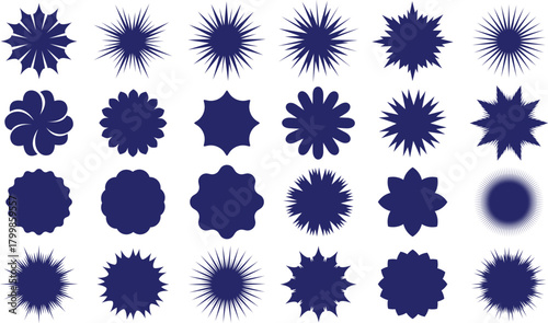Collection of abstract dark blue starburst and floral shapes on a white background